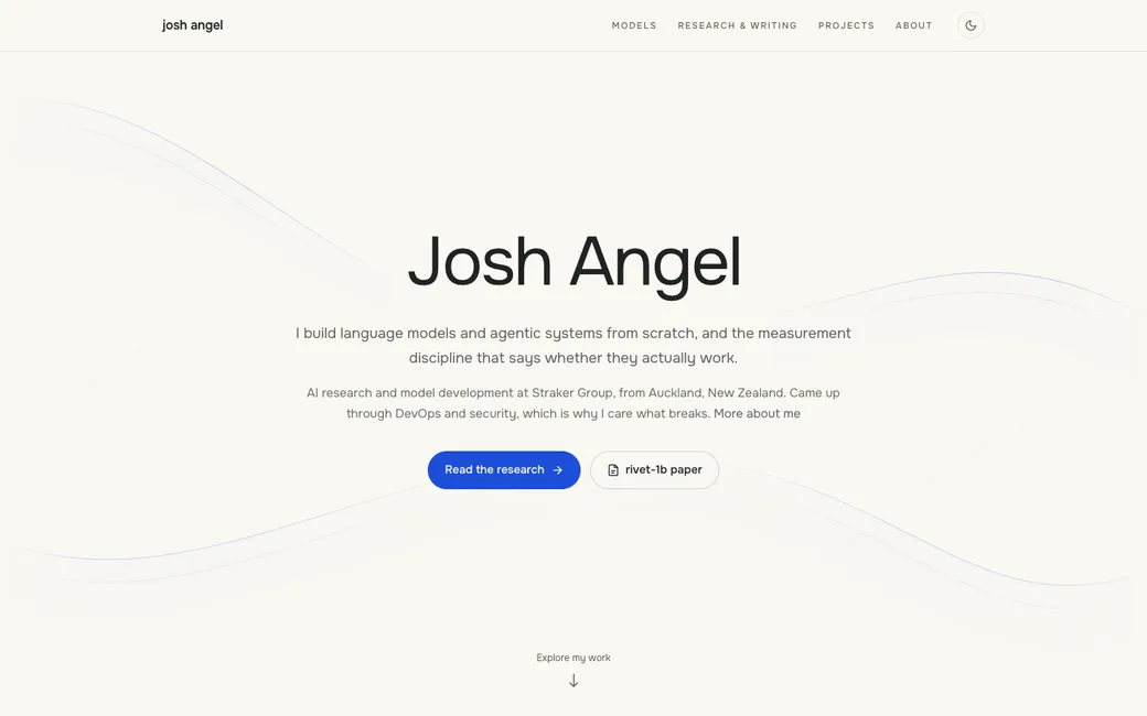 Josh Angel's full-screen homepage introduction within its contour field