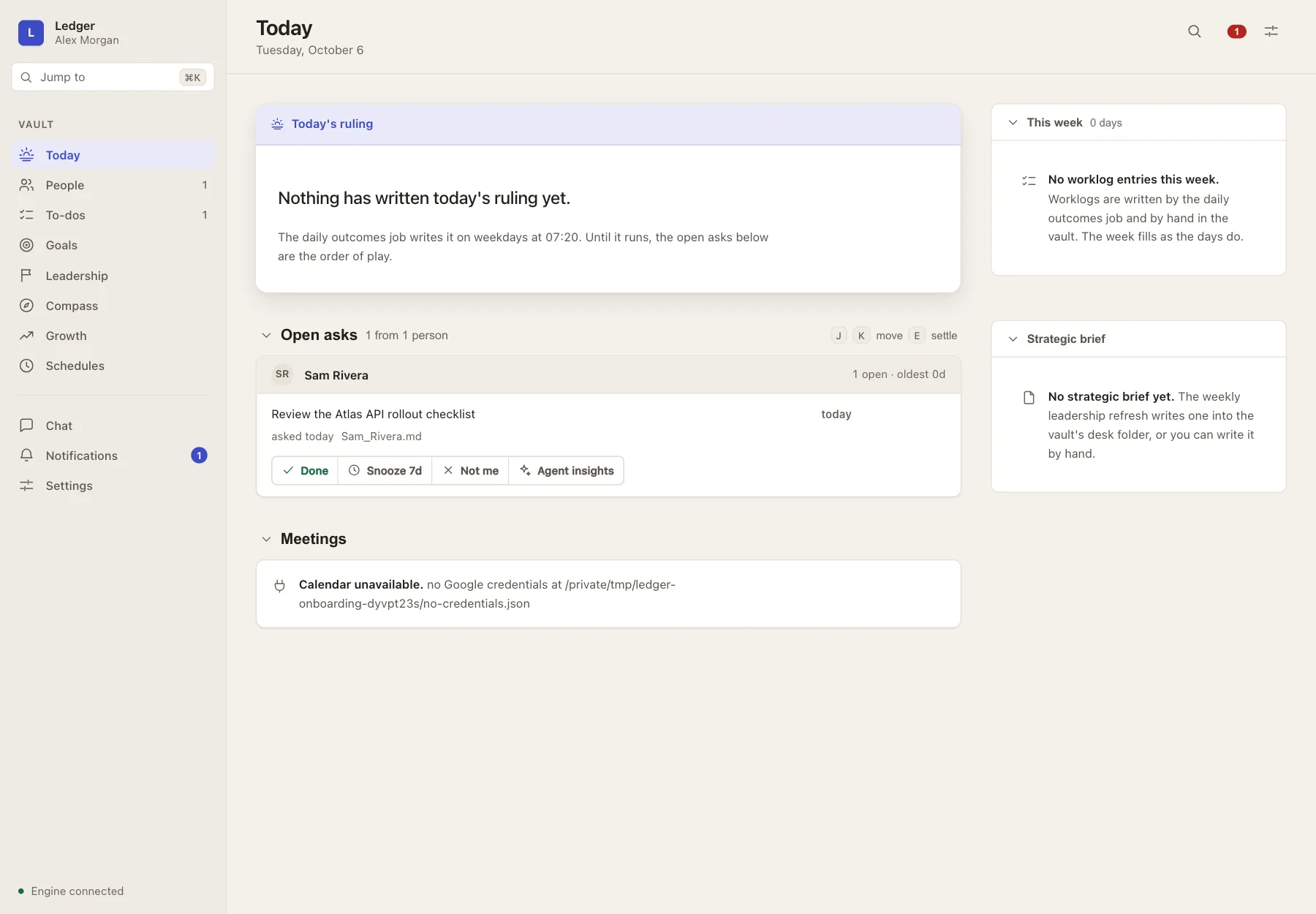 Current Ledger Today desktop interface with a synthetic Sam Rivera ask, no daily ruling and an unavailable calendar